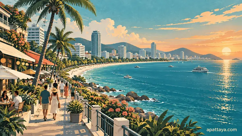Illustrated seaside promenade with palms, buildings and boats.