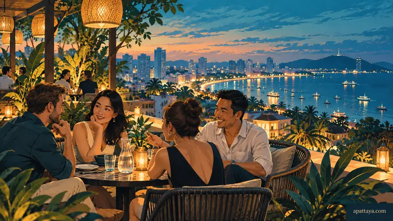 Illustrated adult friends on a terrace overlooking city lights.