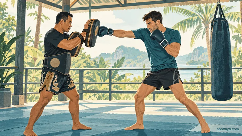 Illustrated adult boxer practicing a straight punch on a coach’s pads.
