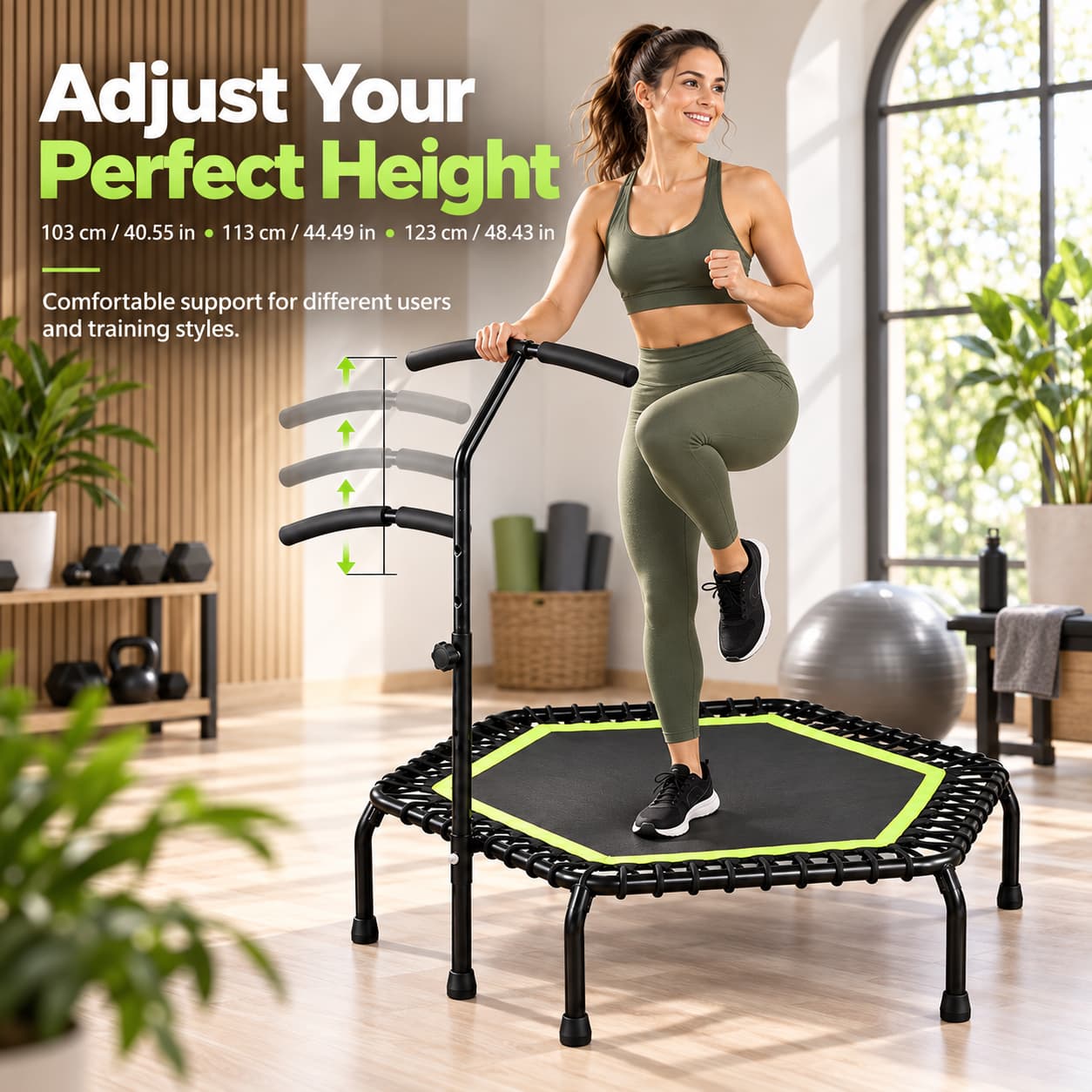 Hexagonal trampoline with three handrail heights