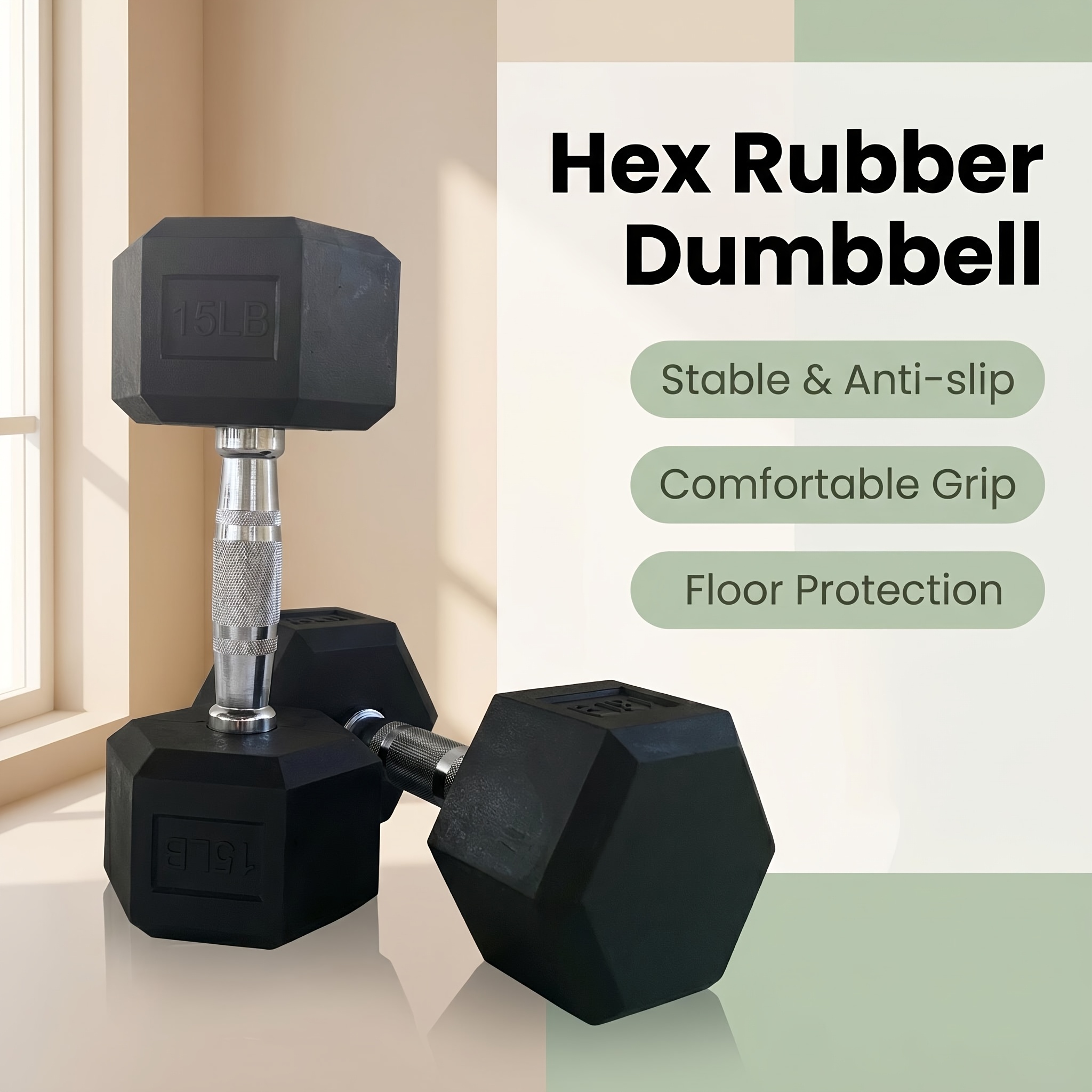 Rubber hex dumbbell, listed 6.8 kg