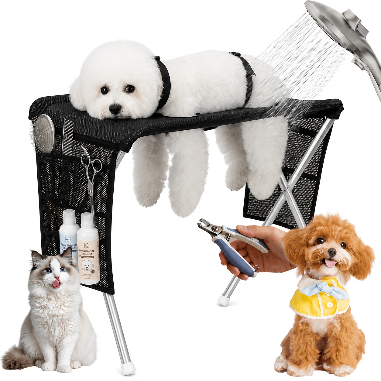 Folding pet-grooming hammock stand