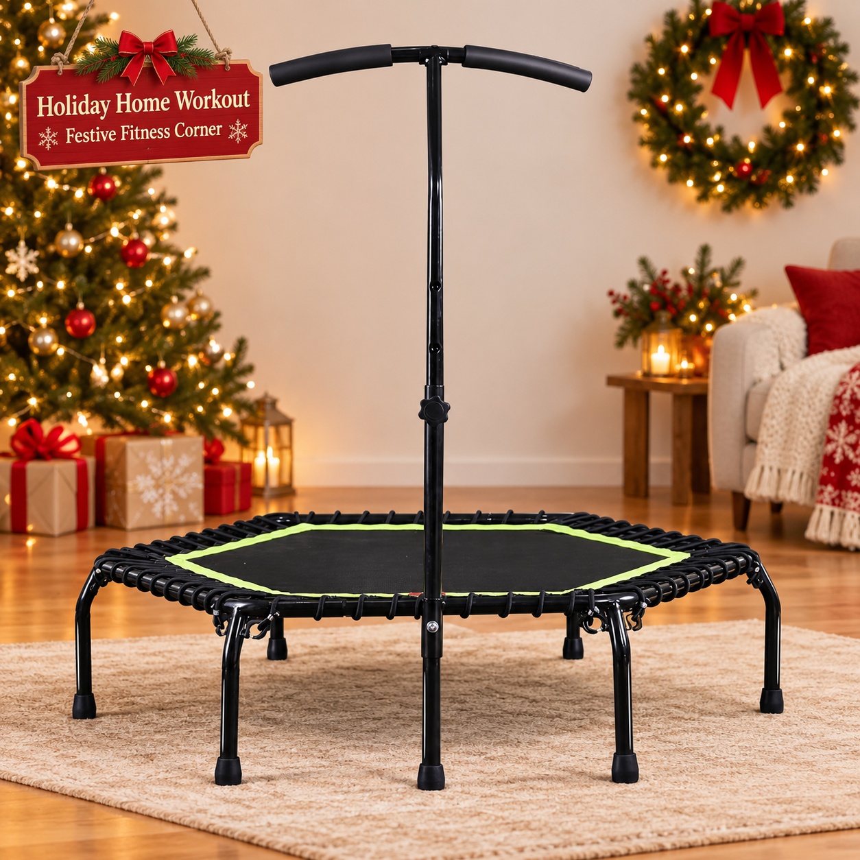 48-inch hexagonal fitness trampoline with handrail