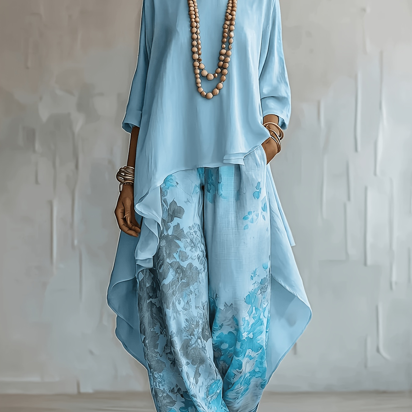Haut uni et pantalon imprimé grandes tailles